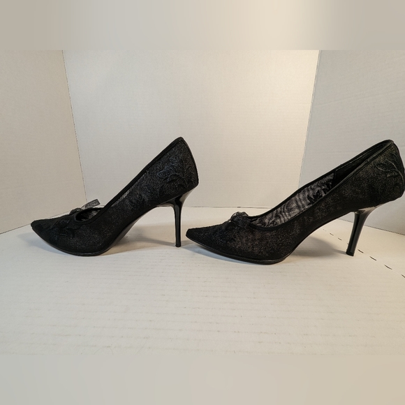 BEVERLY FELDMAN Black Mesh PUMP 3" HEELS SIZE 8.5  Bow Pointed Toes Vintage - Picture 5 of 14